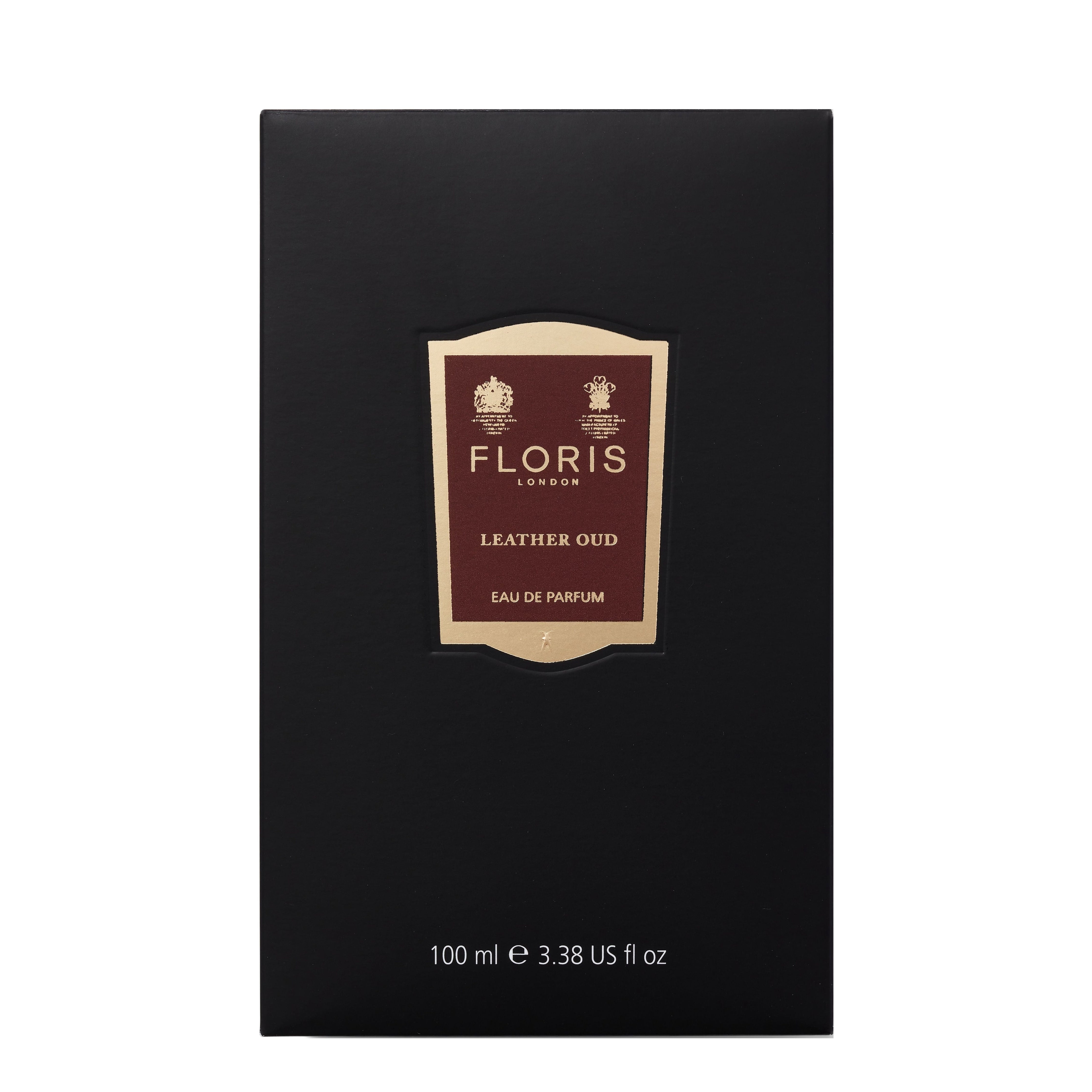 Black box of Floris Leather Oud perfume with a gold label on a white background