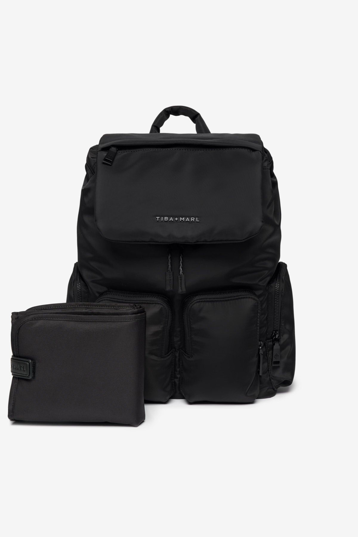 Black backpack and pouch set on a white background