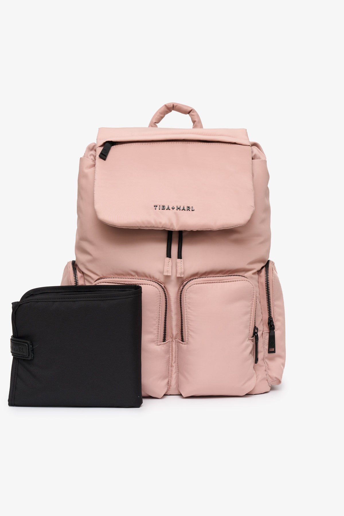 Pink backpack with a black pouch on a white background
