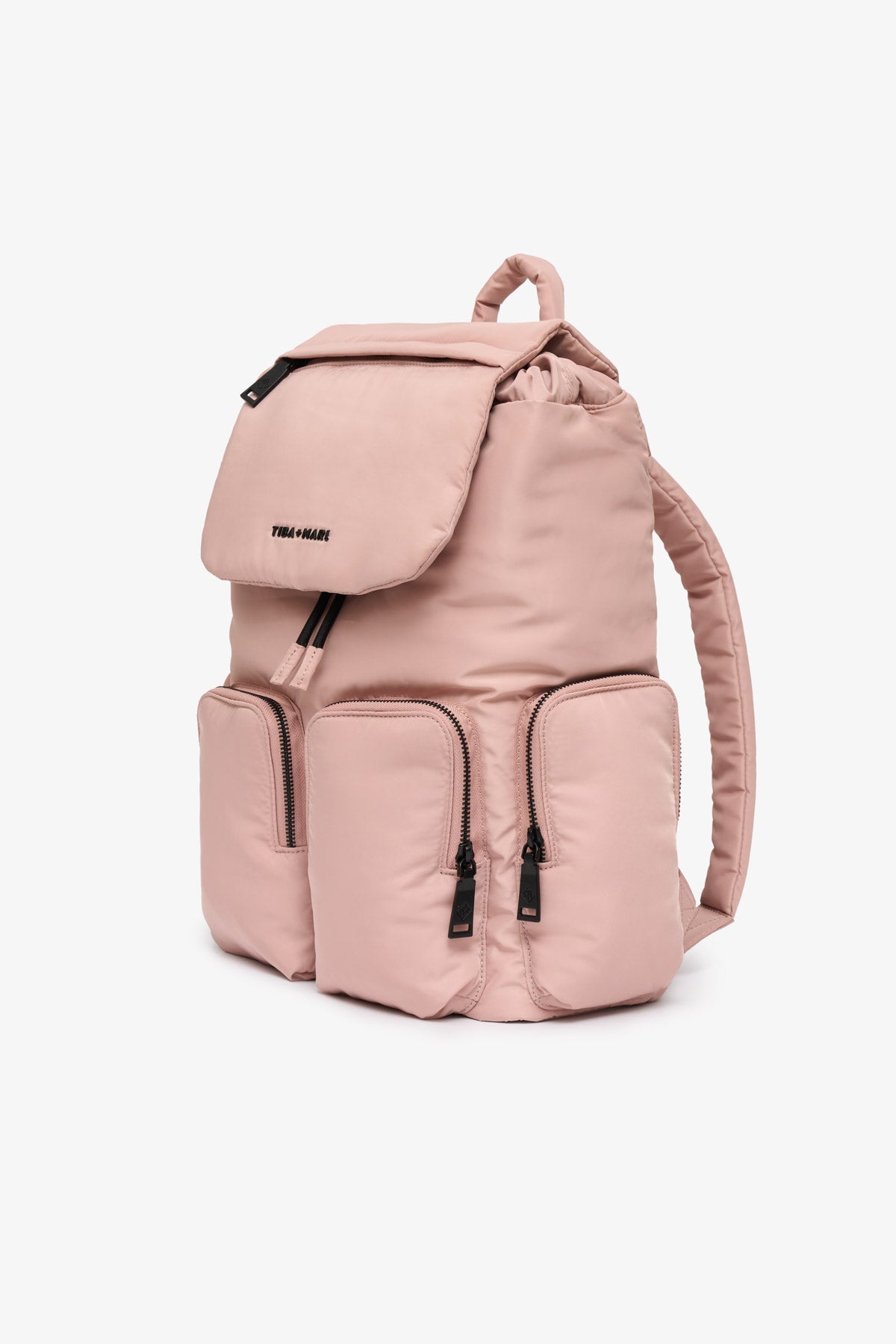 Pink backpack with multiple pockets on a white background