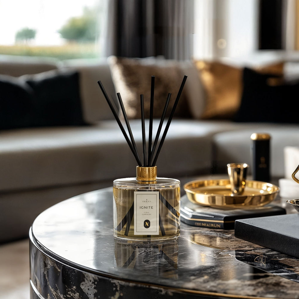 Diffuser on a coffee table with a blurred living room background
