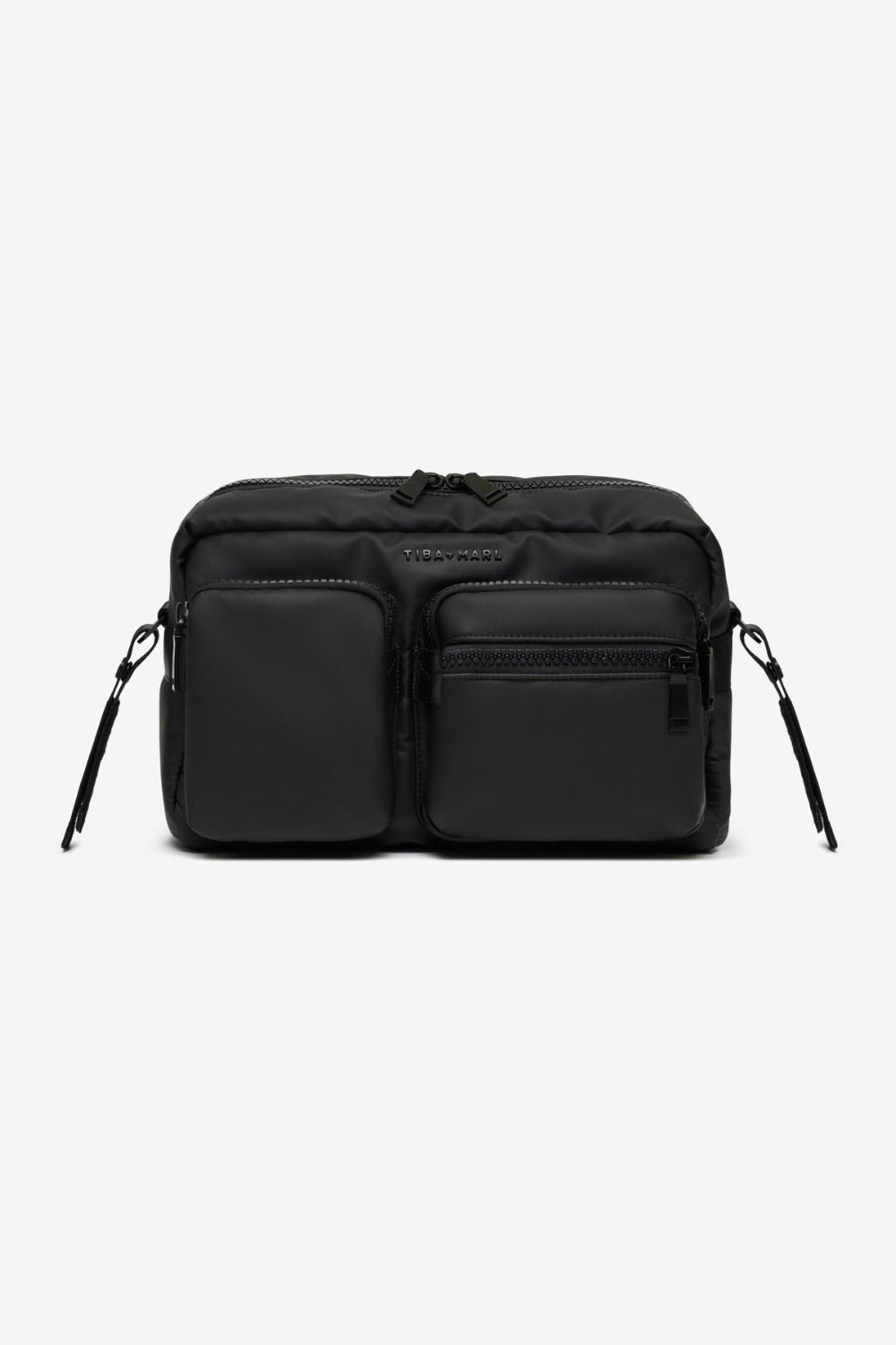 Black backpack with multiple pockets on a white background