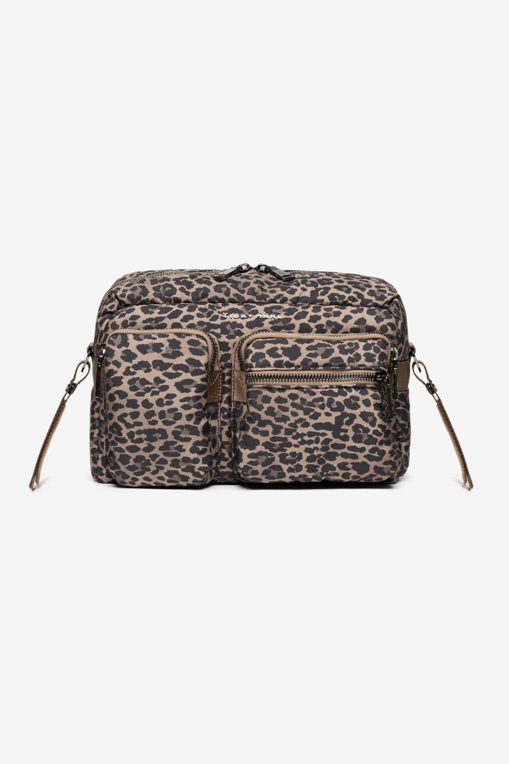 Leopard print bag with multiple zippers on a white background