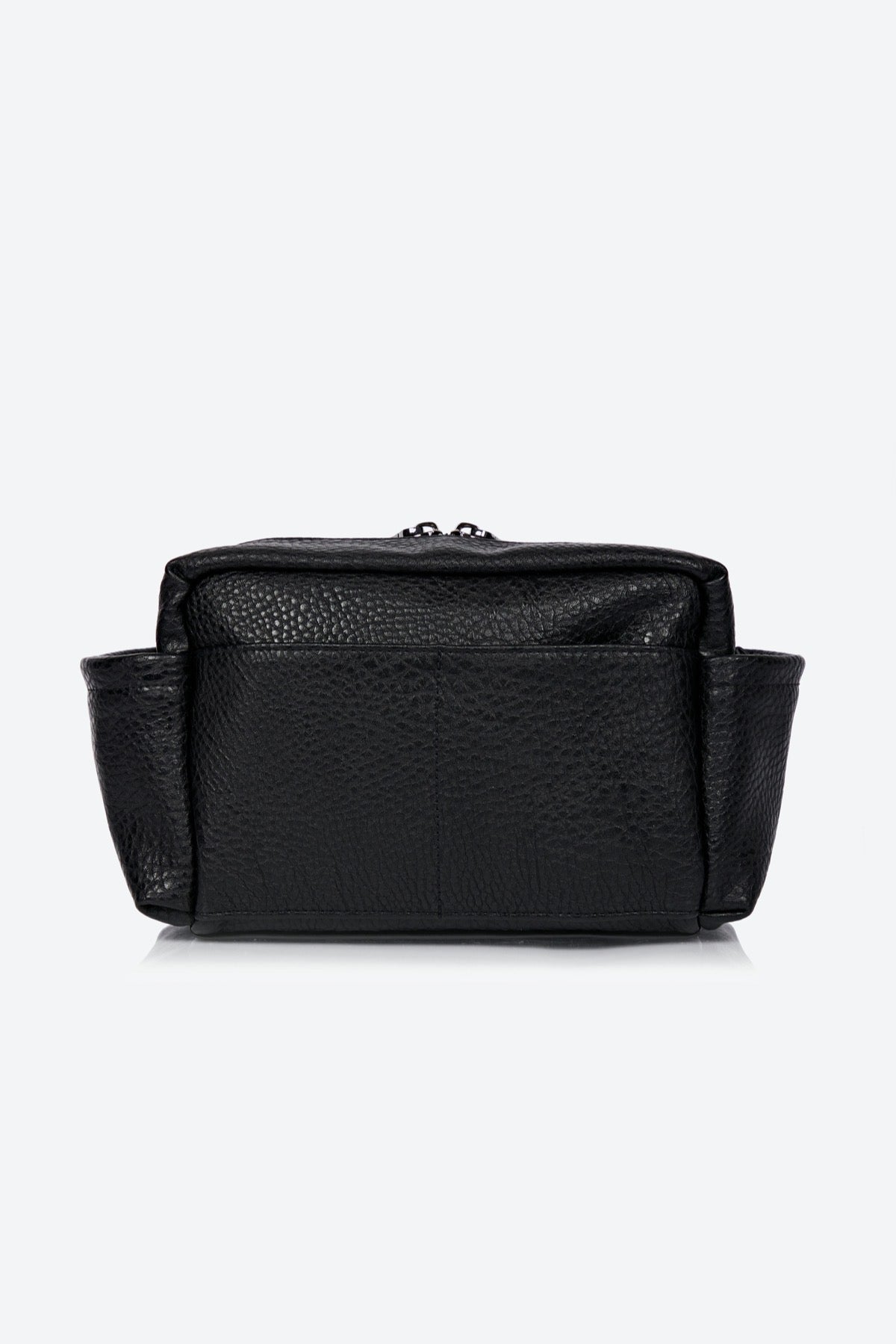 Black vegan leather bag on a white background