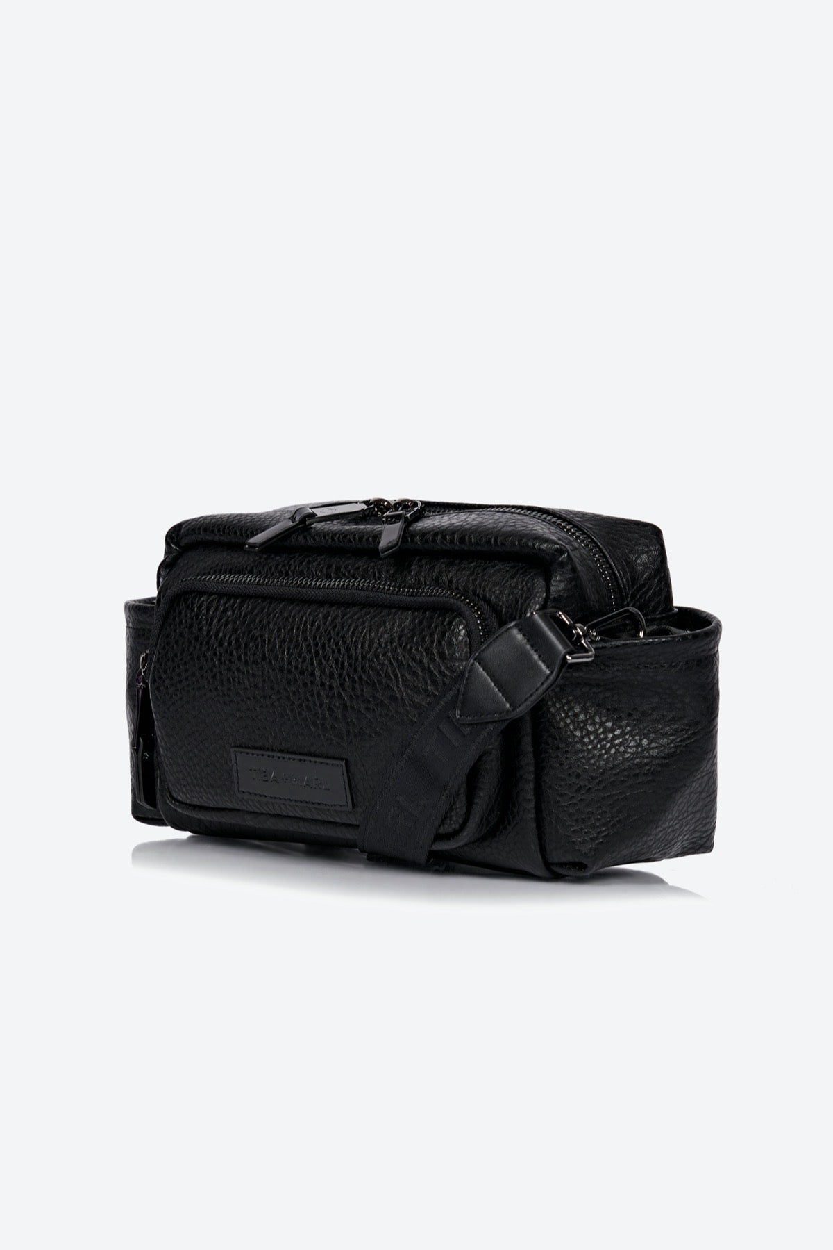 Black leather bag on a white background