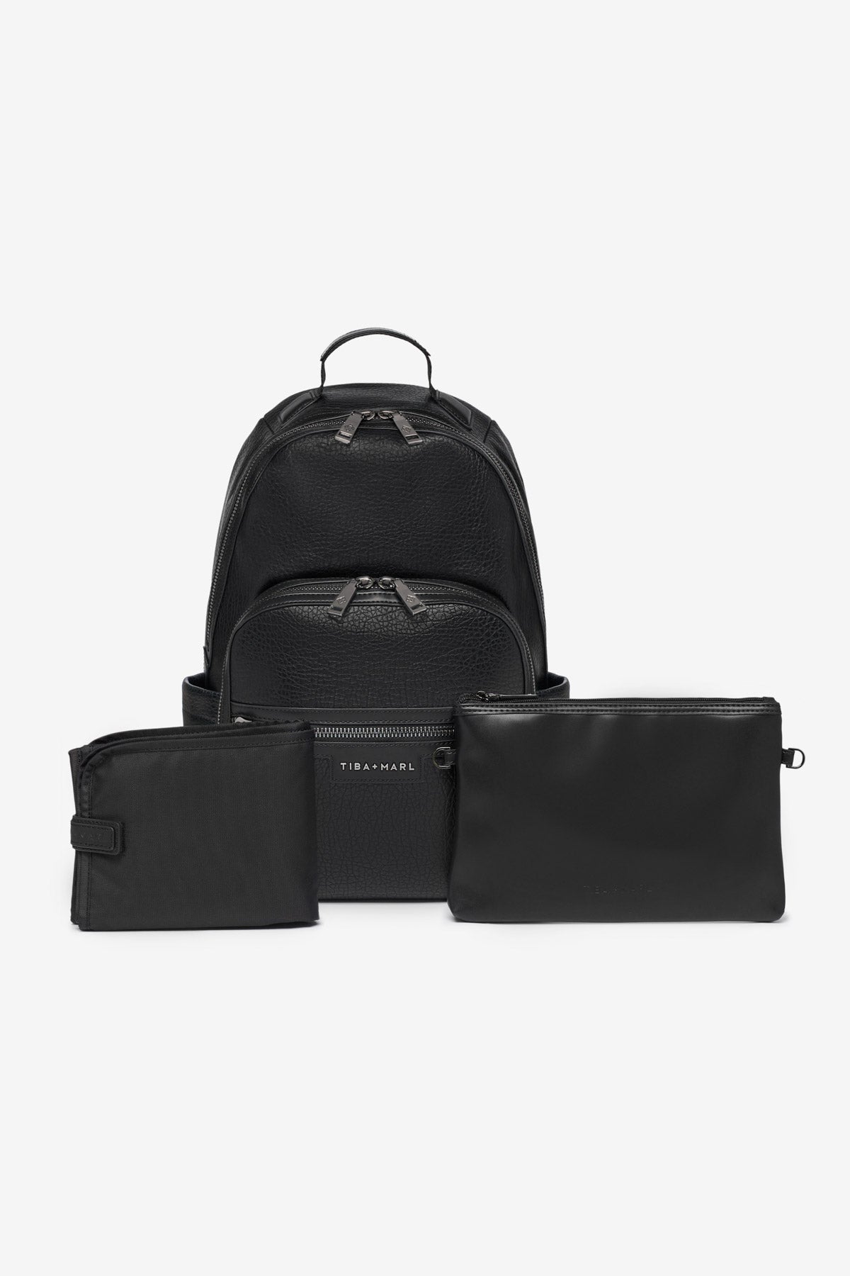 Black backpack and two pouches on a white background