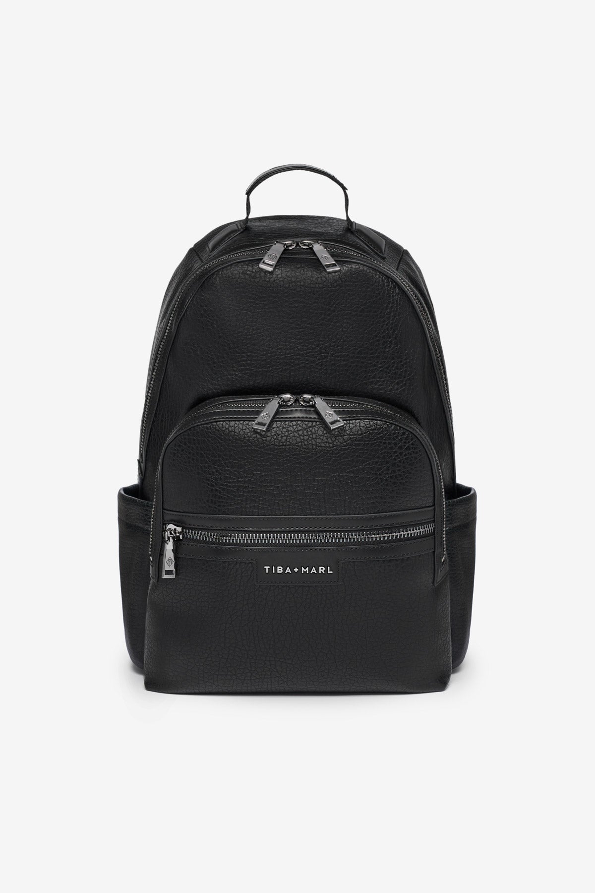 Black backpack with visible brand logo on a white background