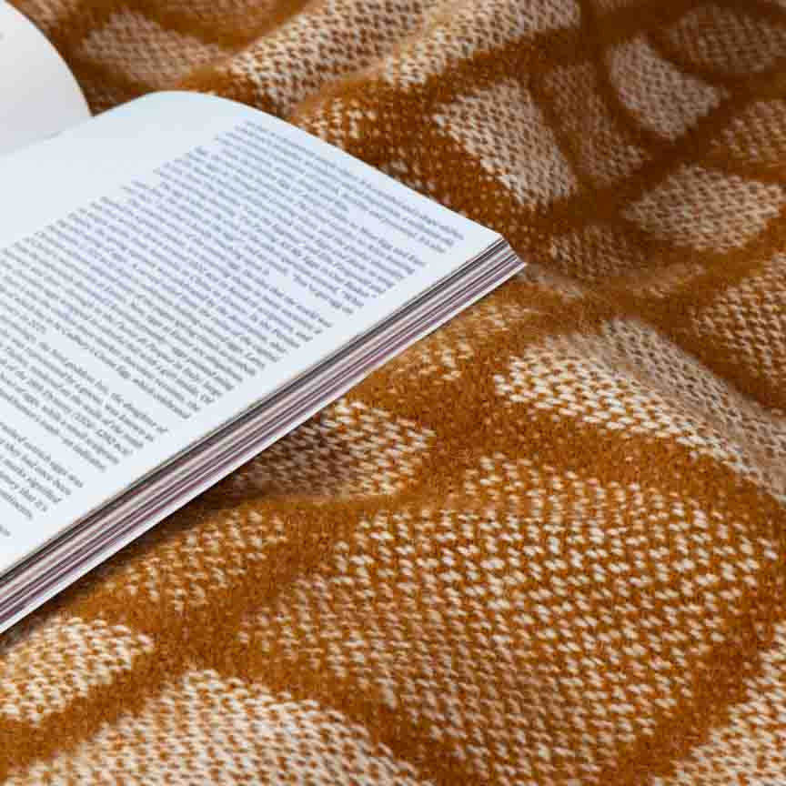 Open book on a textured mosaic toffe coloured blanket