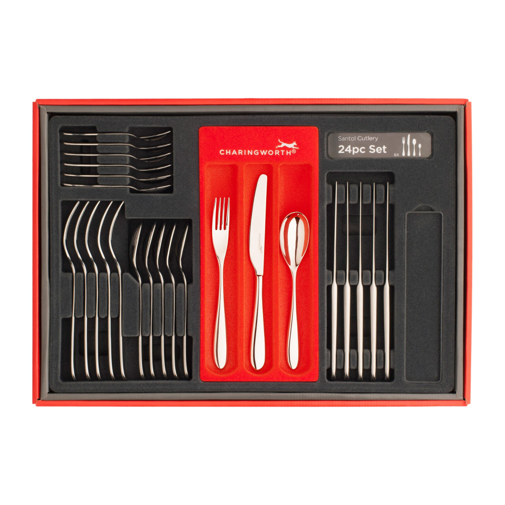 Charingworth 24-piece cutlery set in a red and black box on a white background