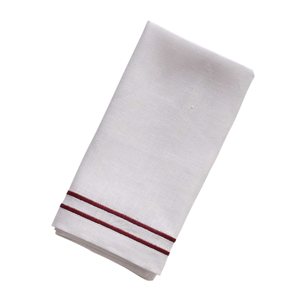 White Linen Napkin with red stripes on a white background