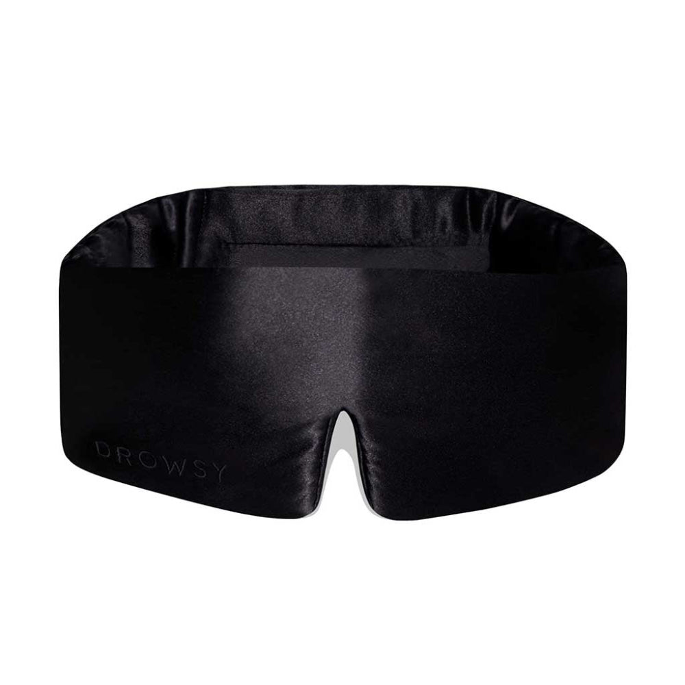A black silk sleep mask with a smooth texture and an adjustable strap, designed to provide full blackout effect.