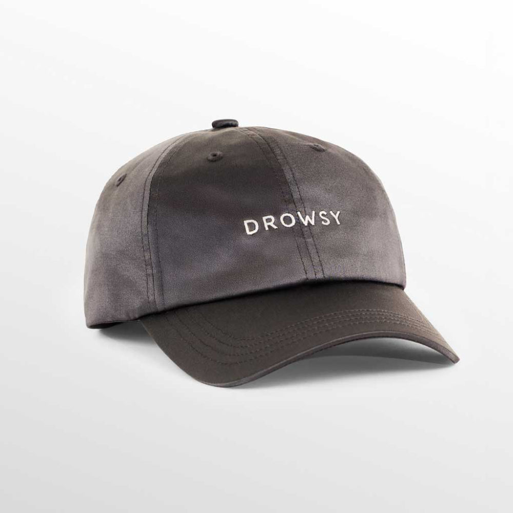 Grey cap with 'Drowsy' logo on a light grey background
