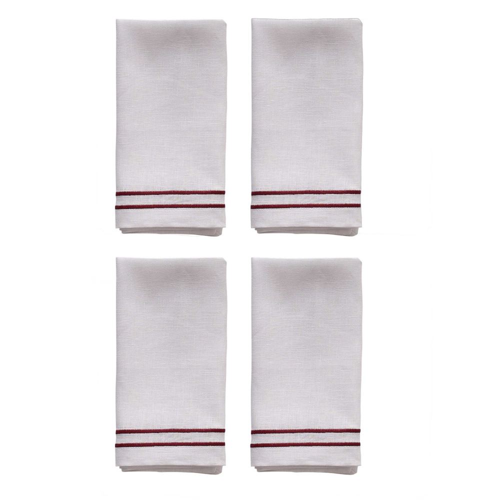 Four white hand towels with red stripes on a white background