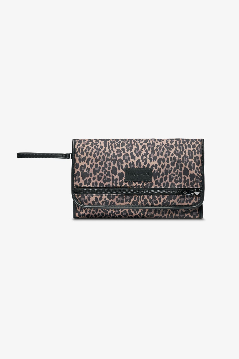 Leopard print changing clutch bag with zipped front pocket and handle strap