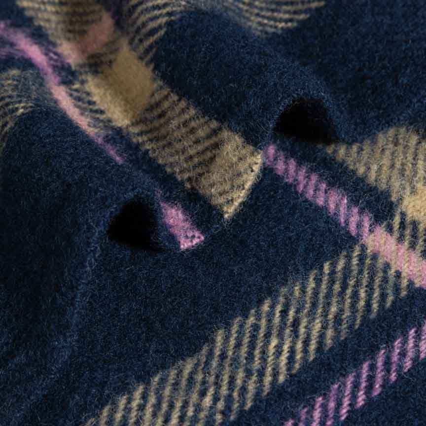 Close-up of blanket with a checkered pattern featuring blue, pink, and beige colours.