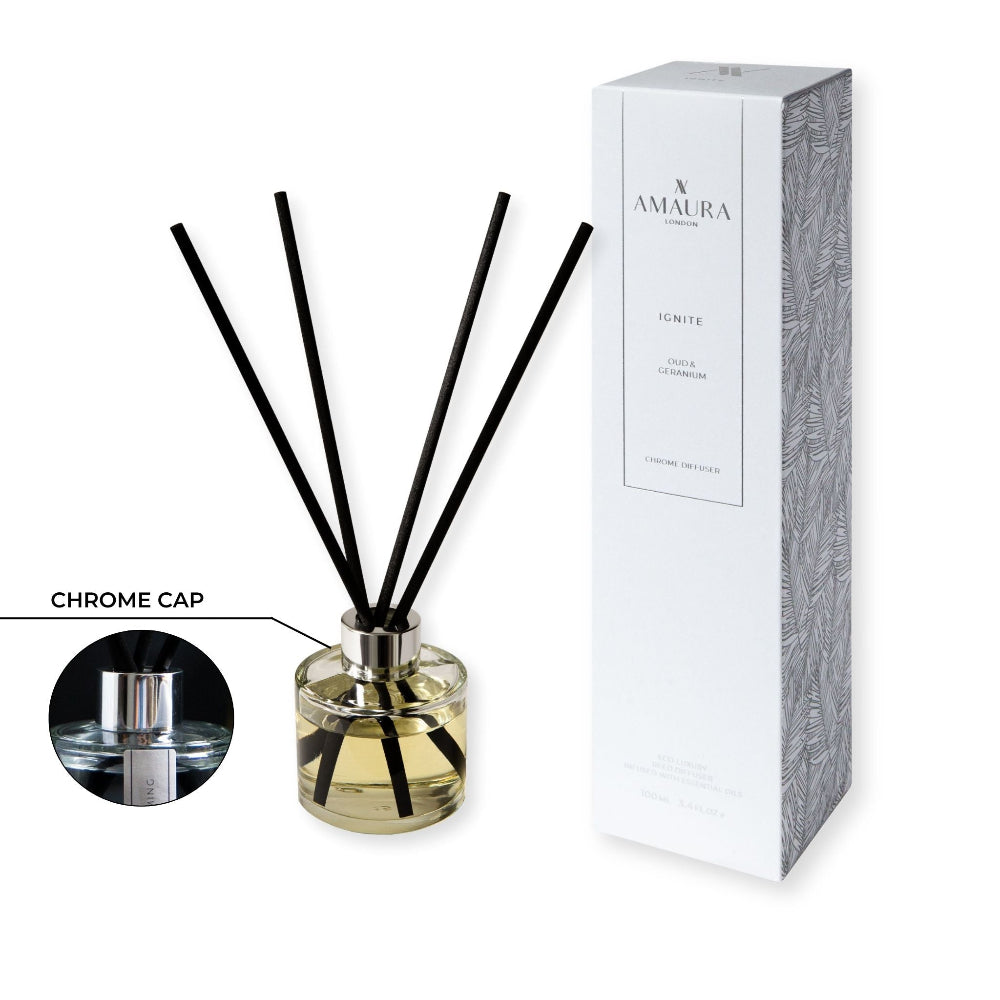 Reed diffuser with black sticks and chrome cap next to its packaging on a white background