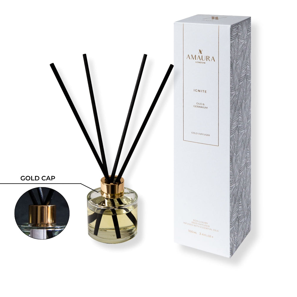 Aroma diffuser with black sticks and gold cap next to its packaging on a white background