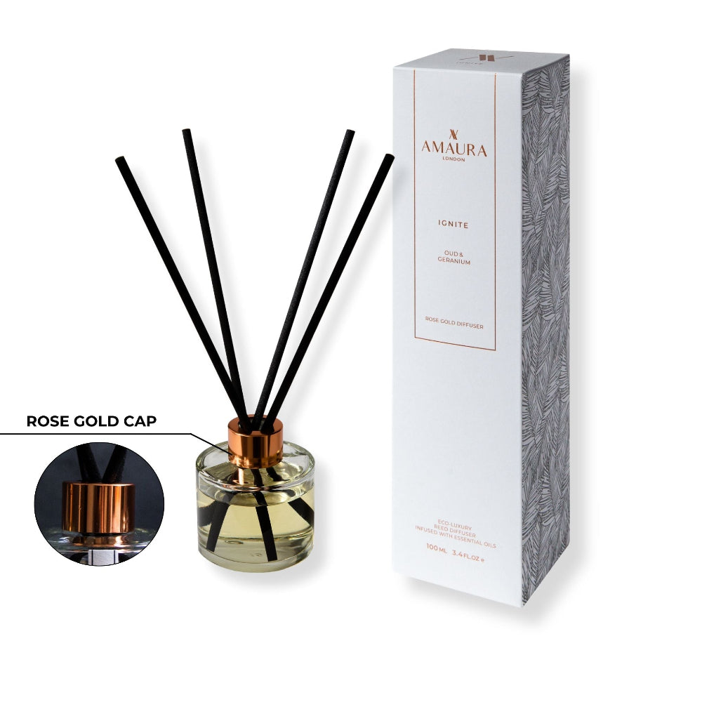 Aroma diffuser with black reeds and rose gold cap next to its packaging on a white background