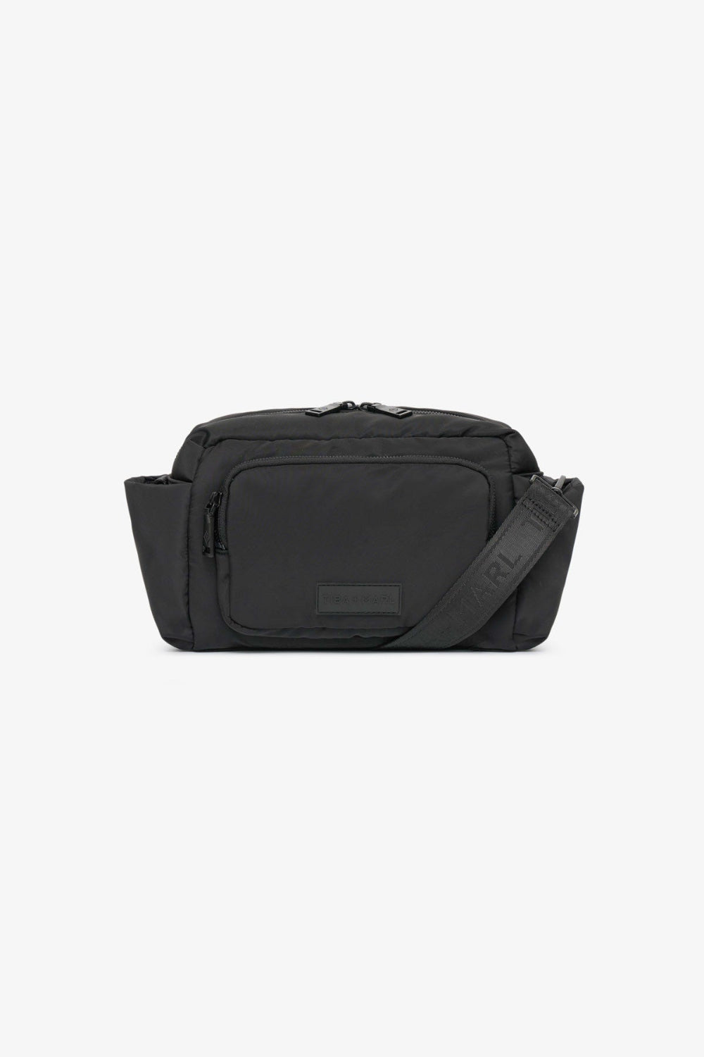 Black crossbody buggy bag on a white background