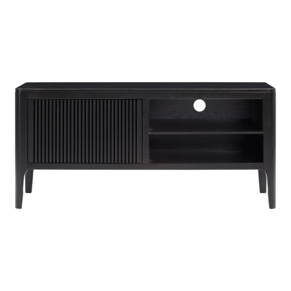 A sleek black TV unit with a ribbed front design, featuring visible wood grain and removable shelving.