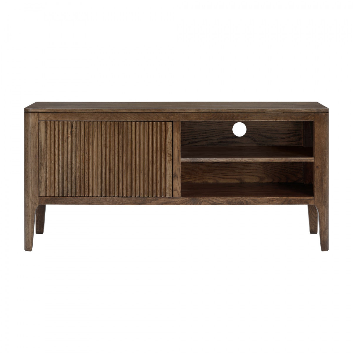 A brown TV unit with a ribbed front design and open shelves, made from dark-stained oak and oak veneer.