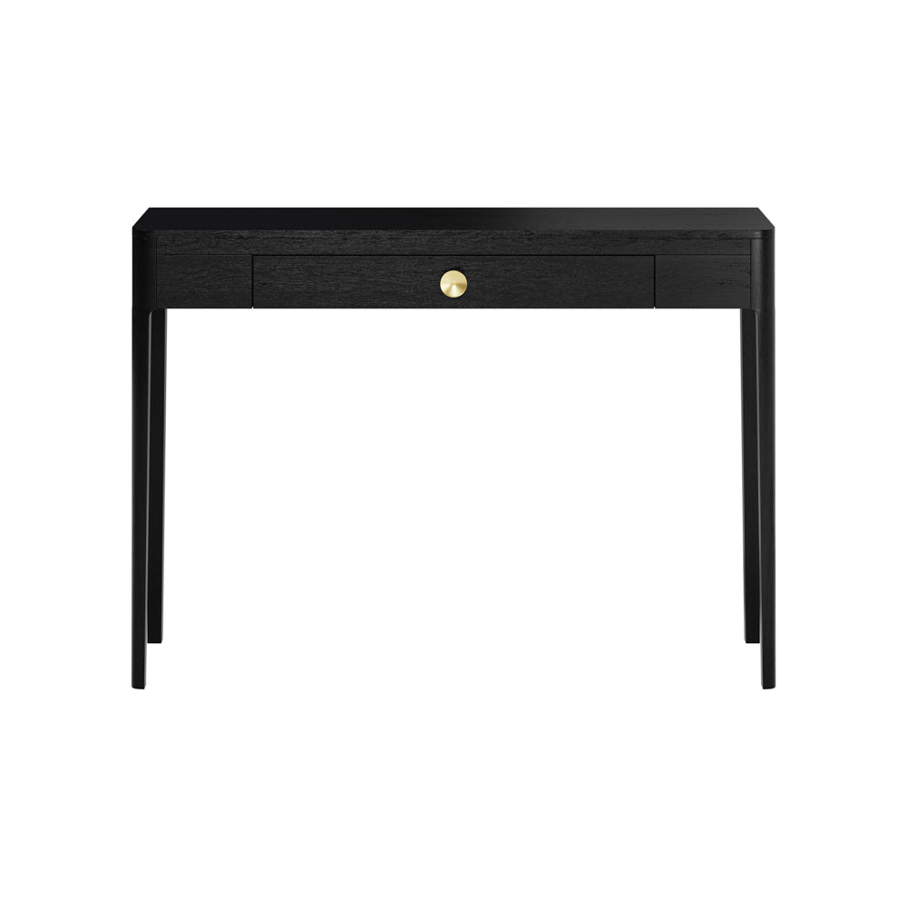 Elegant black console table with a curved front and legs, visible wood grain, and a brass-style round handle. It features a single drawer on metal runners for practical storage.