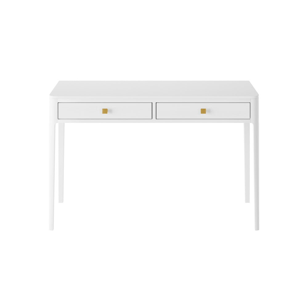 A white stained solid oak and oak veneer console table with a curved front and legs, visible grain, metal drawer runners, and a gold-coloured square handle.
