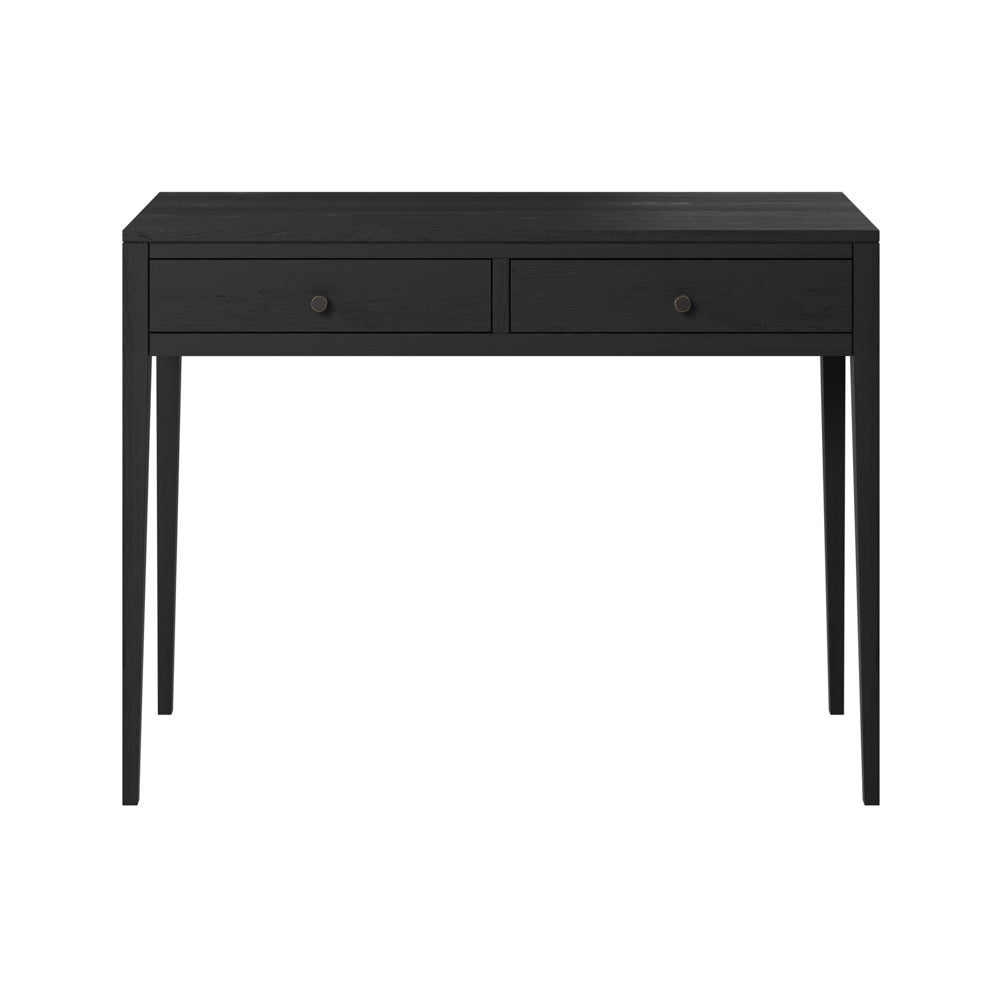 A sleek black Aston Console Table with two drawers and tapered legs, made from solid oak and oak veneer.