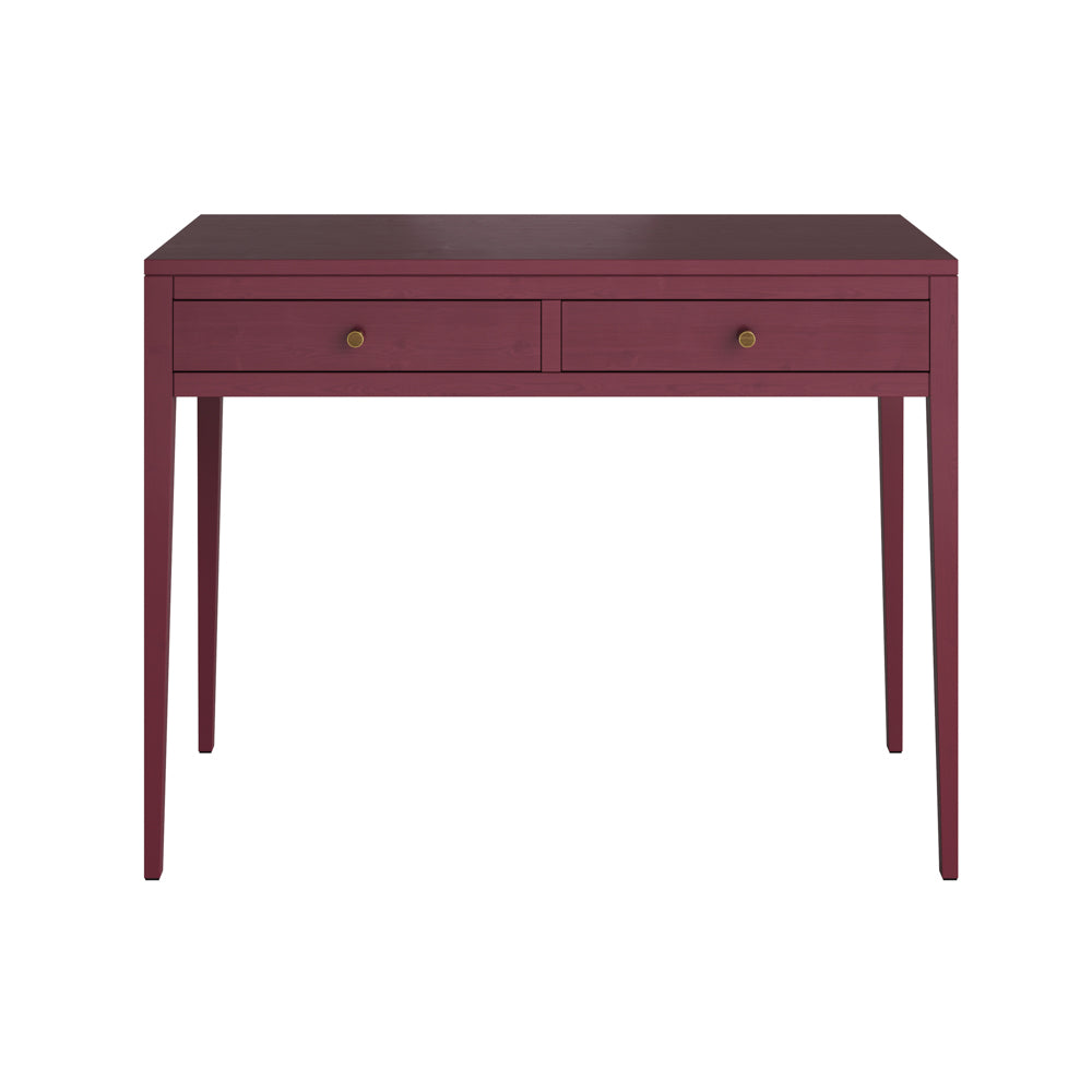 A red two-drawer console table with visible wood grain and round metal handles on a white background.