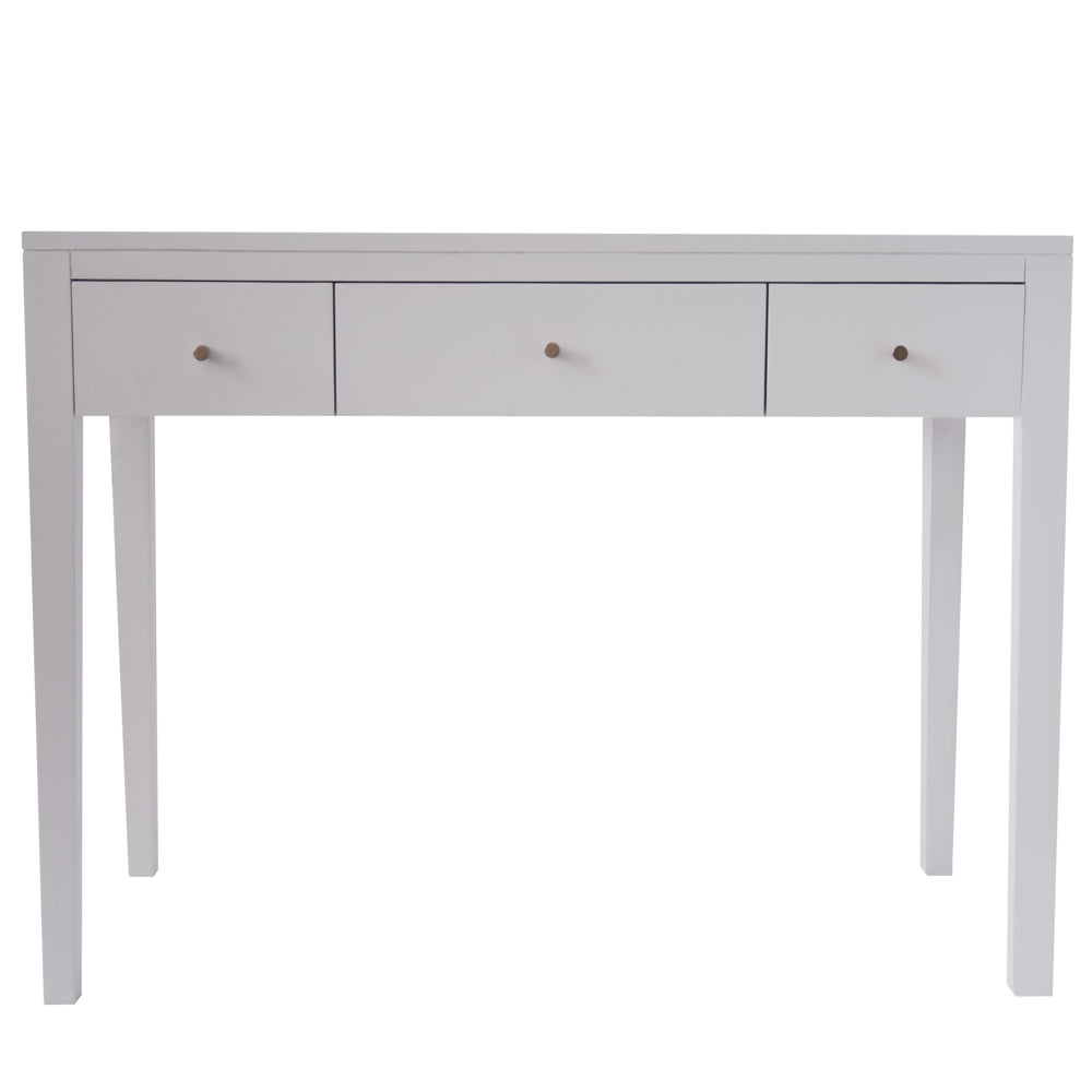 A white three-drawer console table with tapered legs and brass-style handles, displayed against a white background.