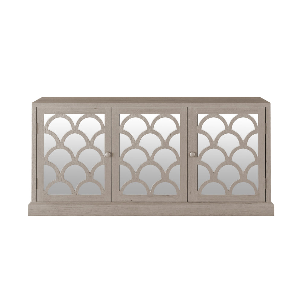 A grey aged oak Brentwood three-door mirrored sideboard with scalloped detailing.