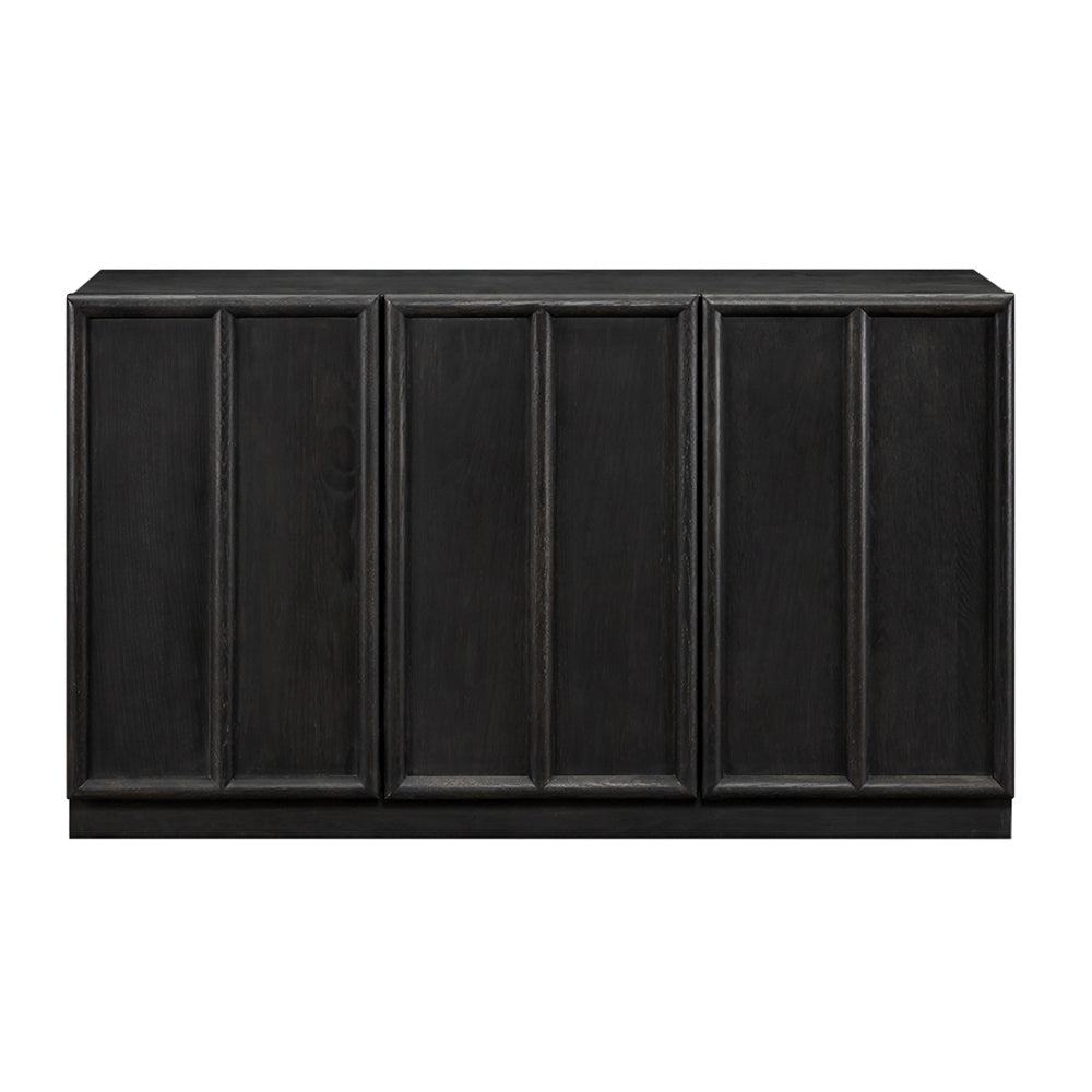 A sleek black wooden sideboard with three doors and a bold, modern aesthetic.
