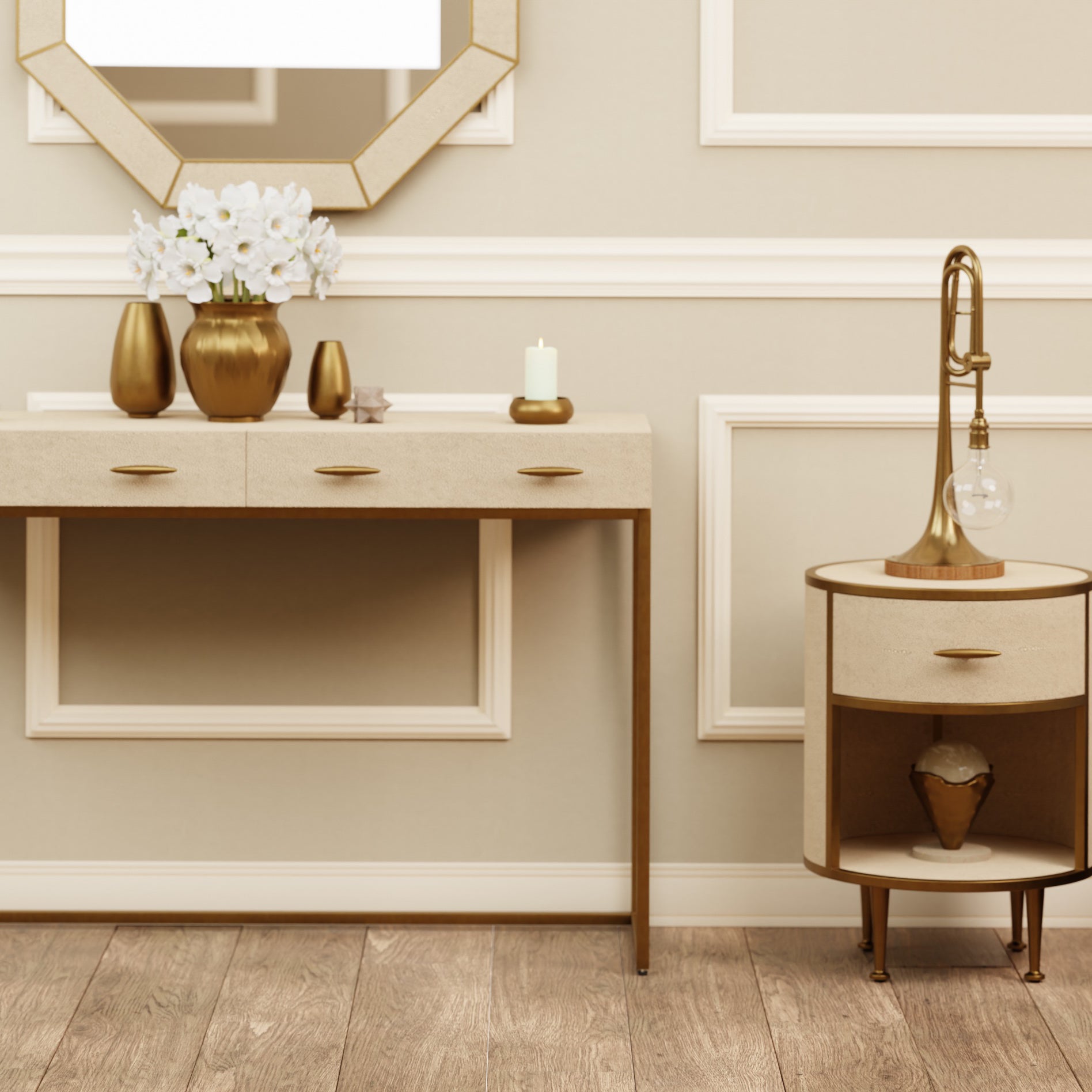 Ivory Shagreen Round Bedside table