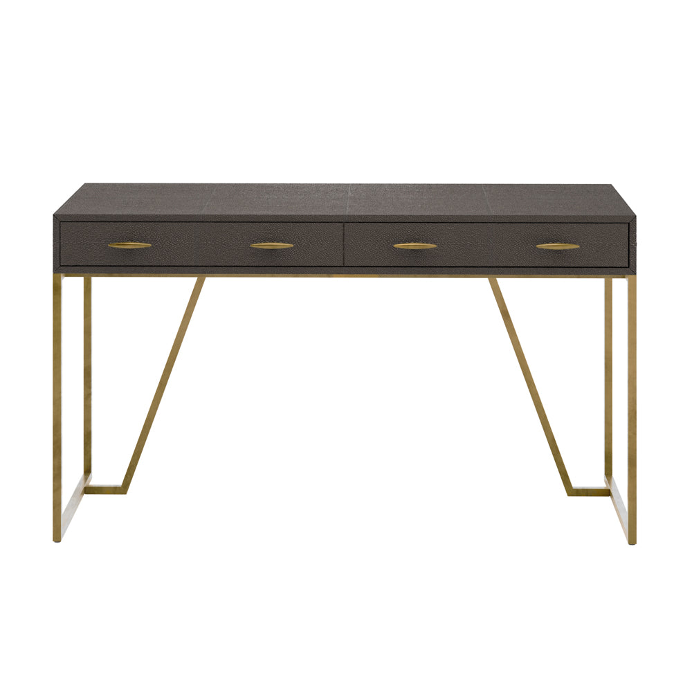 A two-drawer brown desk with antique brass-style handles and legs, set against a white background.