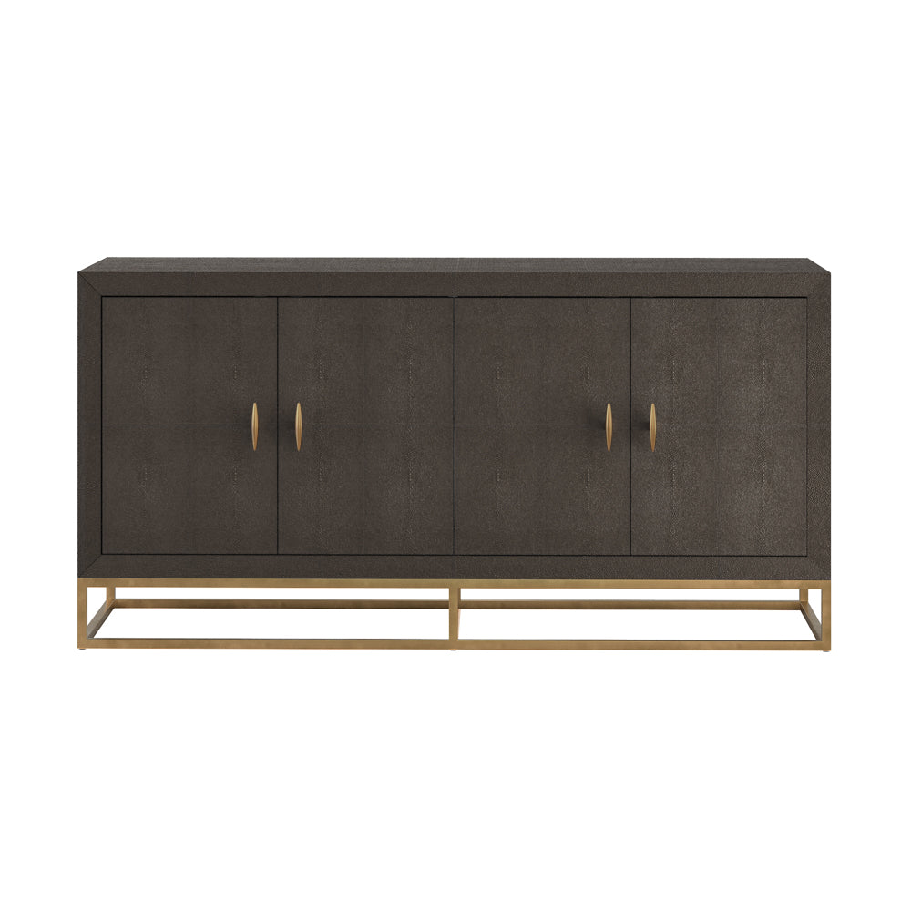 A contemporary brown faux shagreen four-door sideboard with brass-style handles and a gold metal base.