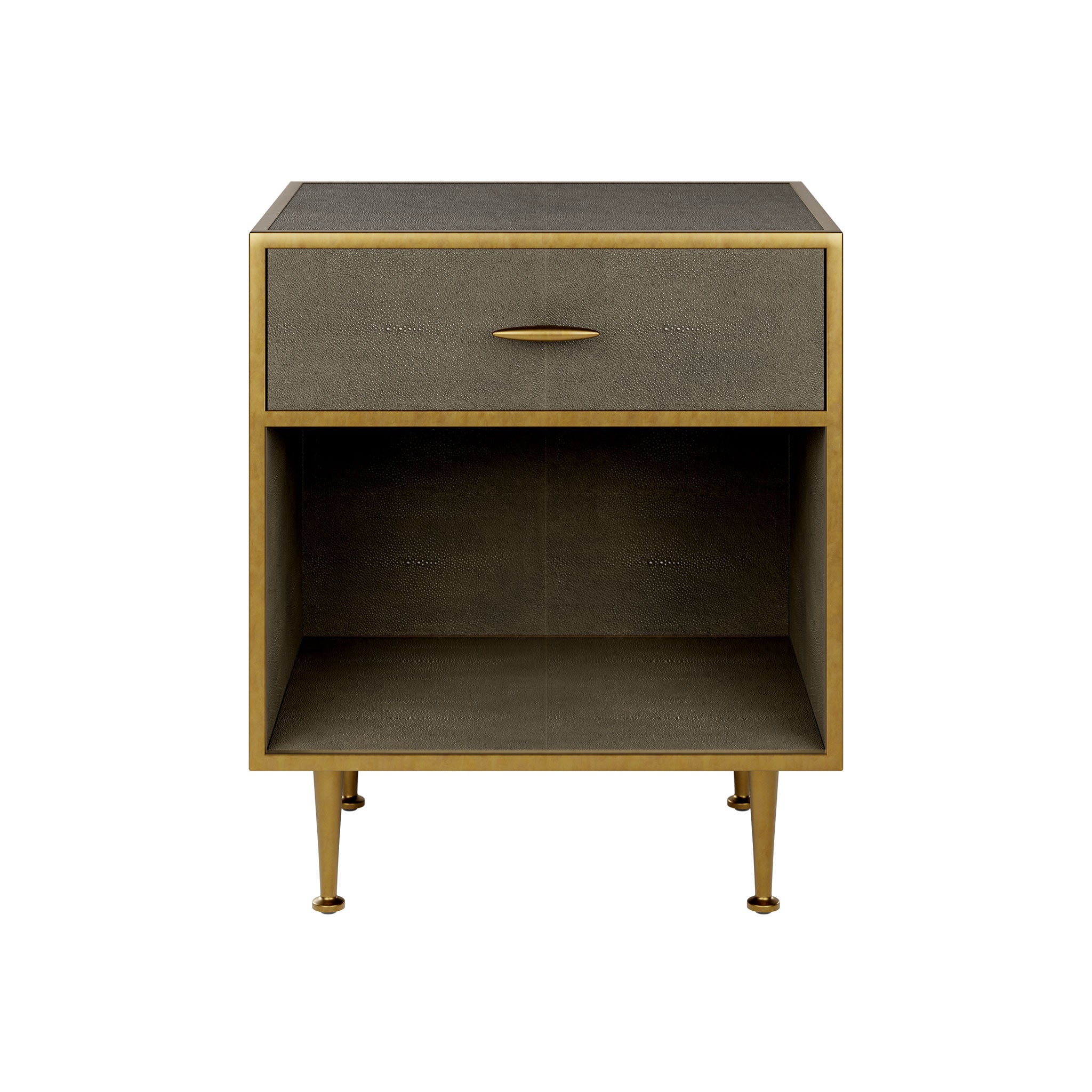 A square grey bedside table with a faux shagreen finish, featuring a single drawer with an antique brass-style handle and metal legs.