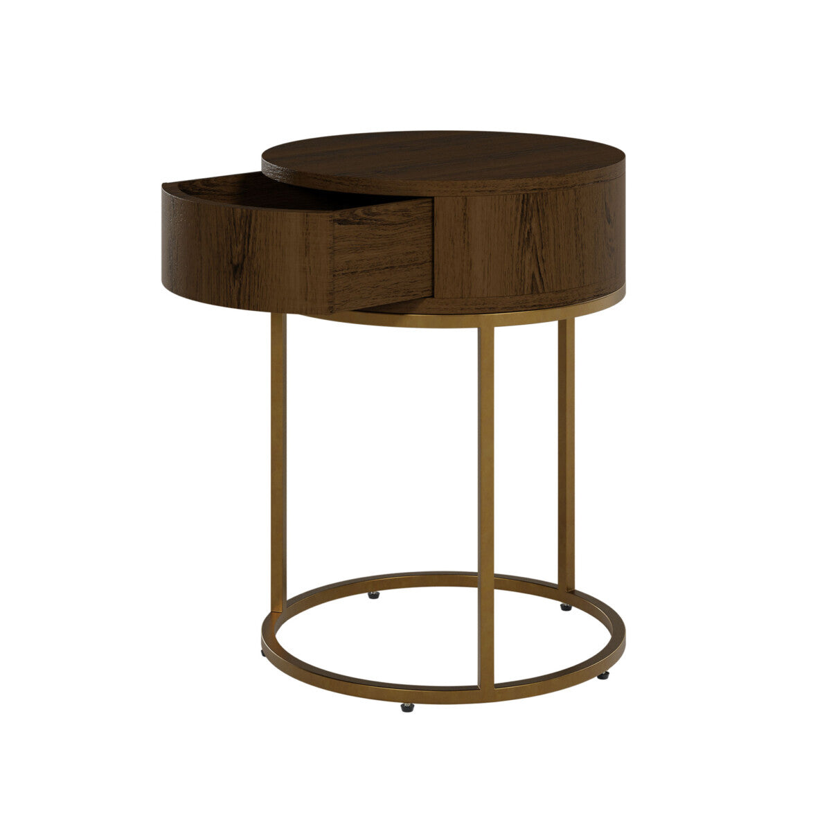 One Drawer Brown Round Wooden Bedside Table