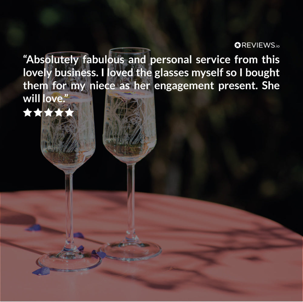 Two champagne glasses with decorative stems on a blurred background, featuring a five-star review text.