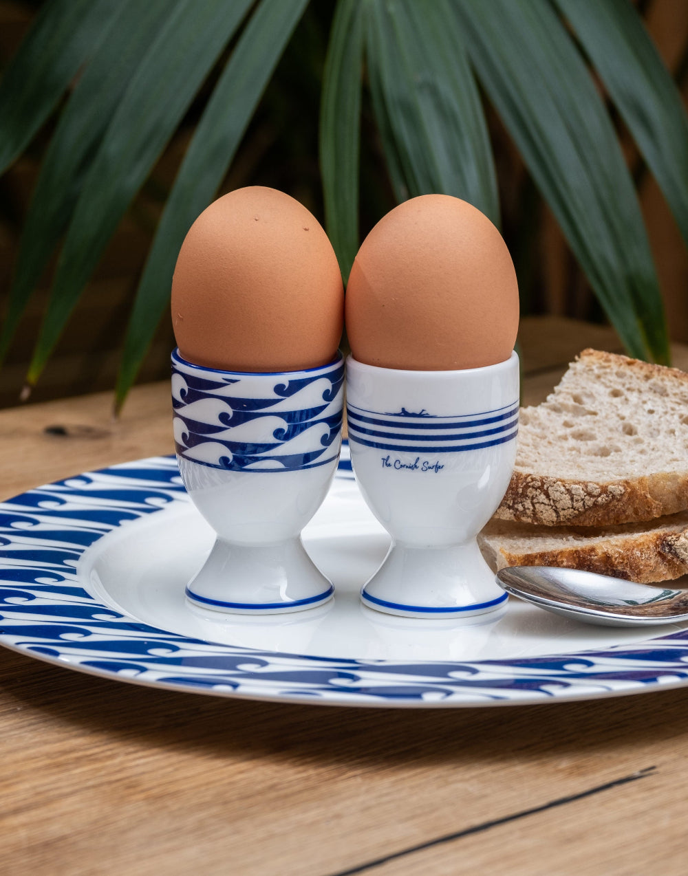 Two brown eggs in white egg cups with blue patterns on a plate with bread and a plant in the background.