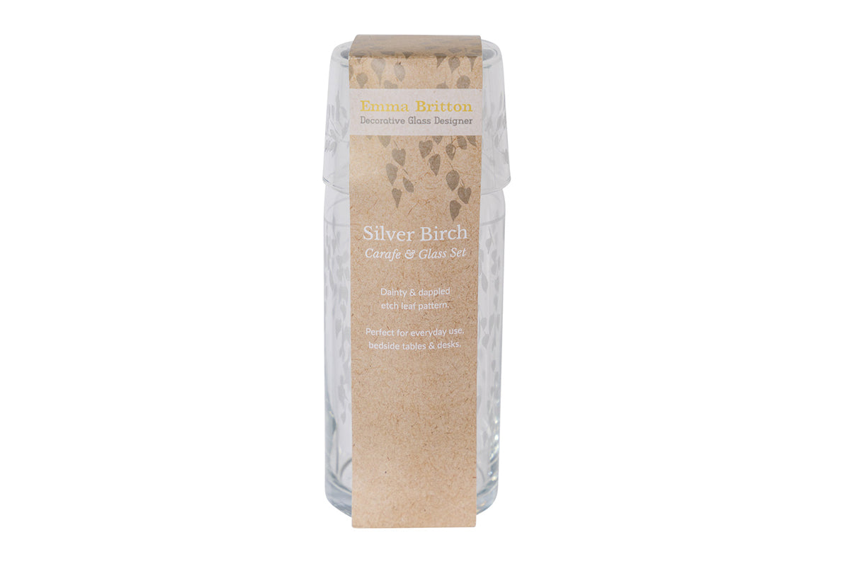 Packaged product Glass carafe labelled 'Silver Birch' on a white background