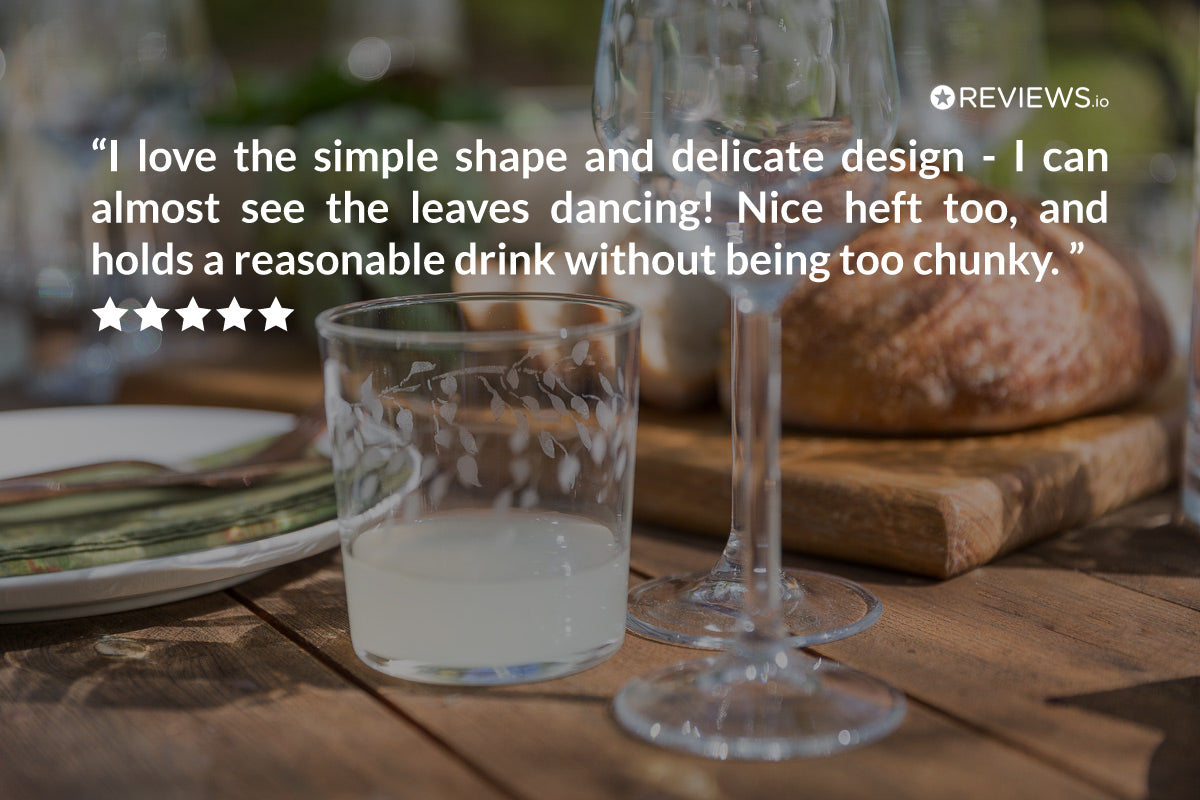 Clear glassware on a wooden table with a quote and star rating overlay