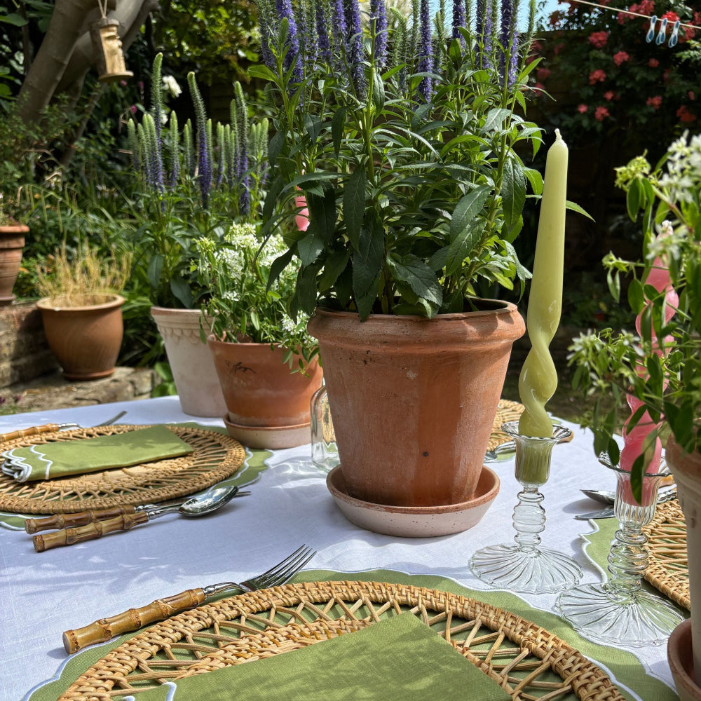Outdoor table setting with potted plants and garden view
