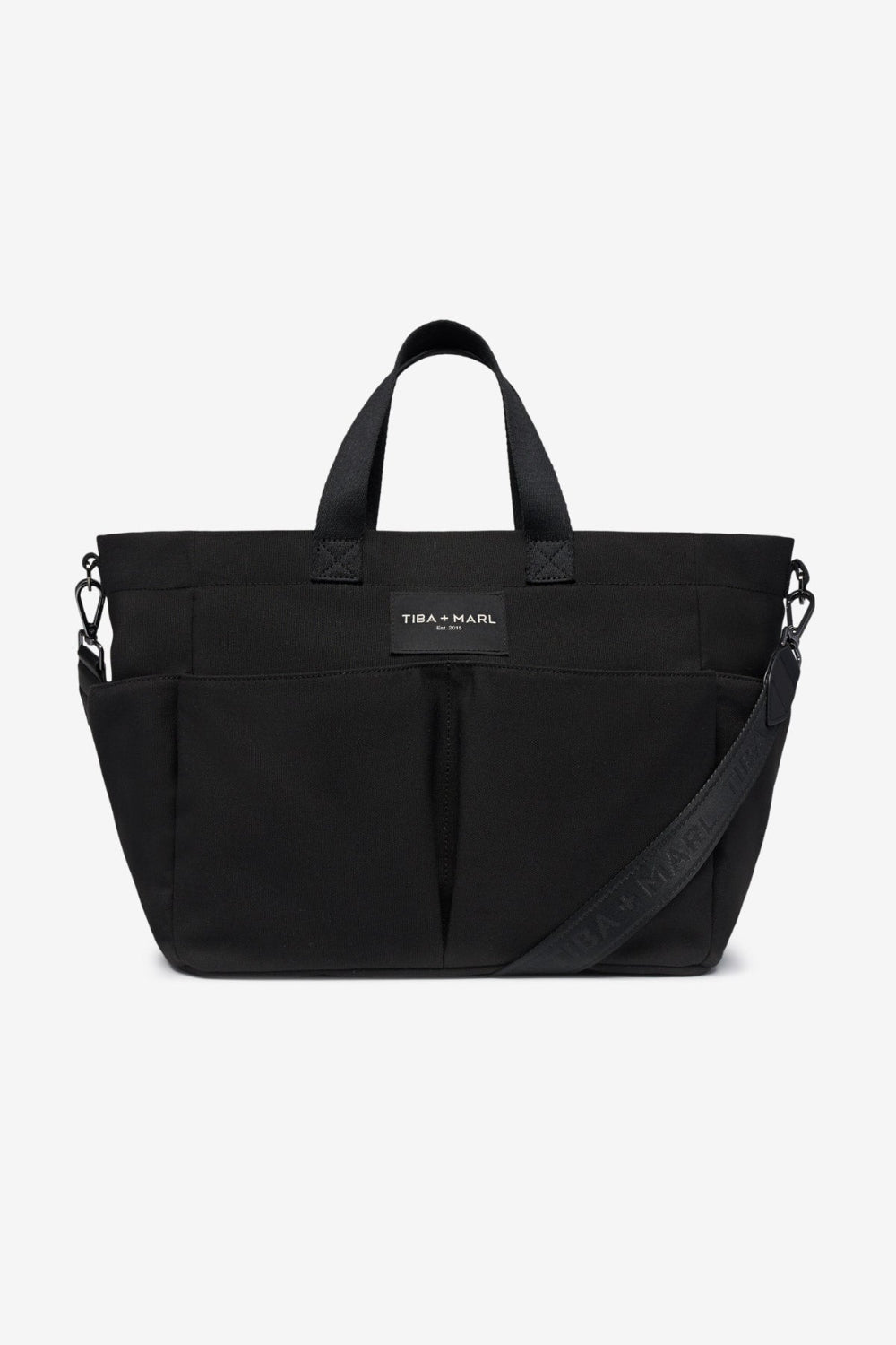Black Tote Bag with a visible brand Tiba and Marl label on a white background Front view