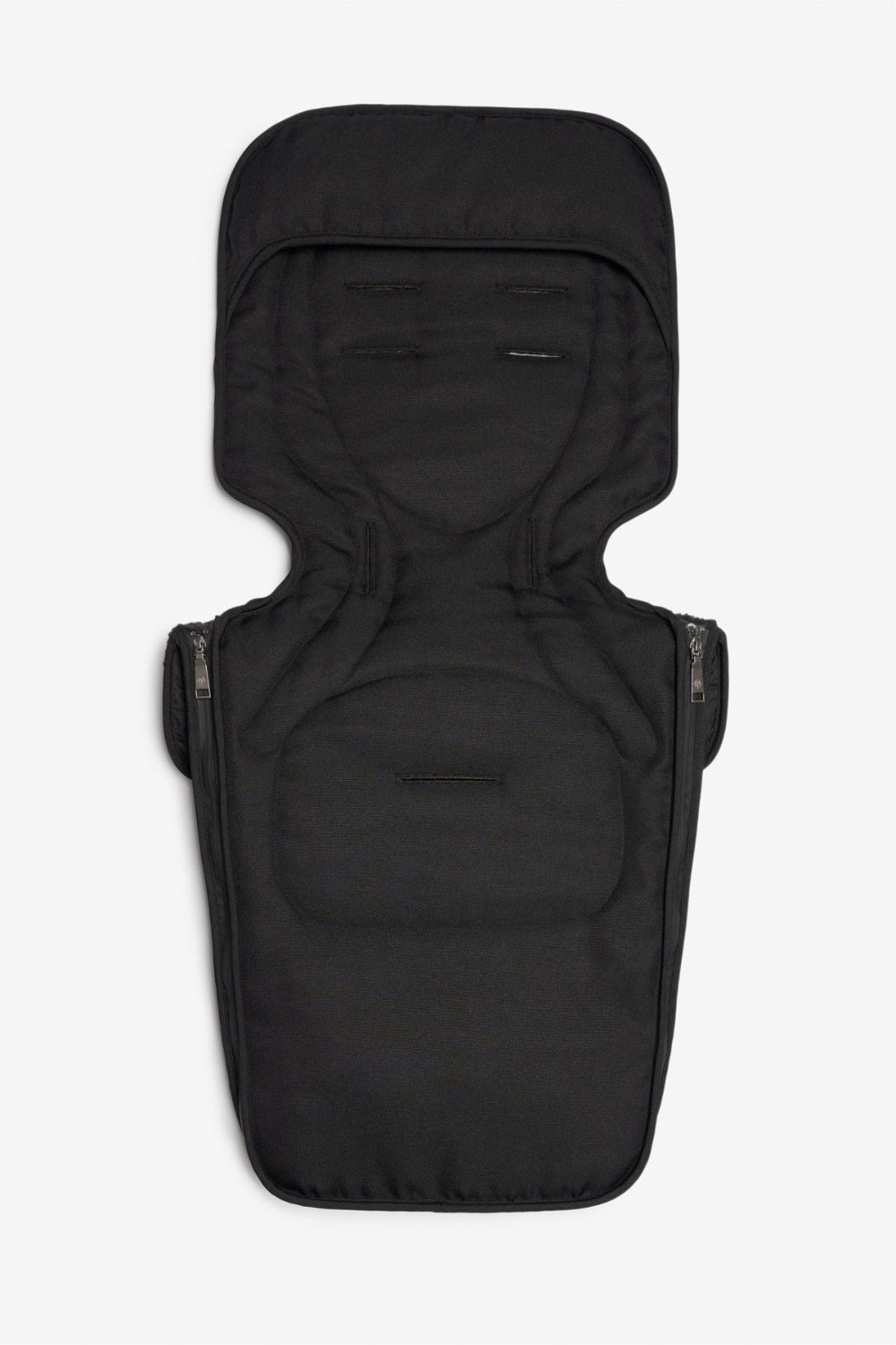 Black baby buggy footmuff with fleece inner and quilted outer on a white background