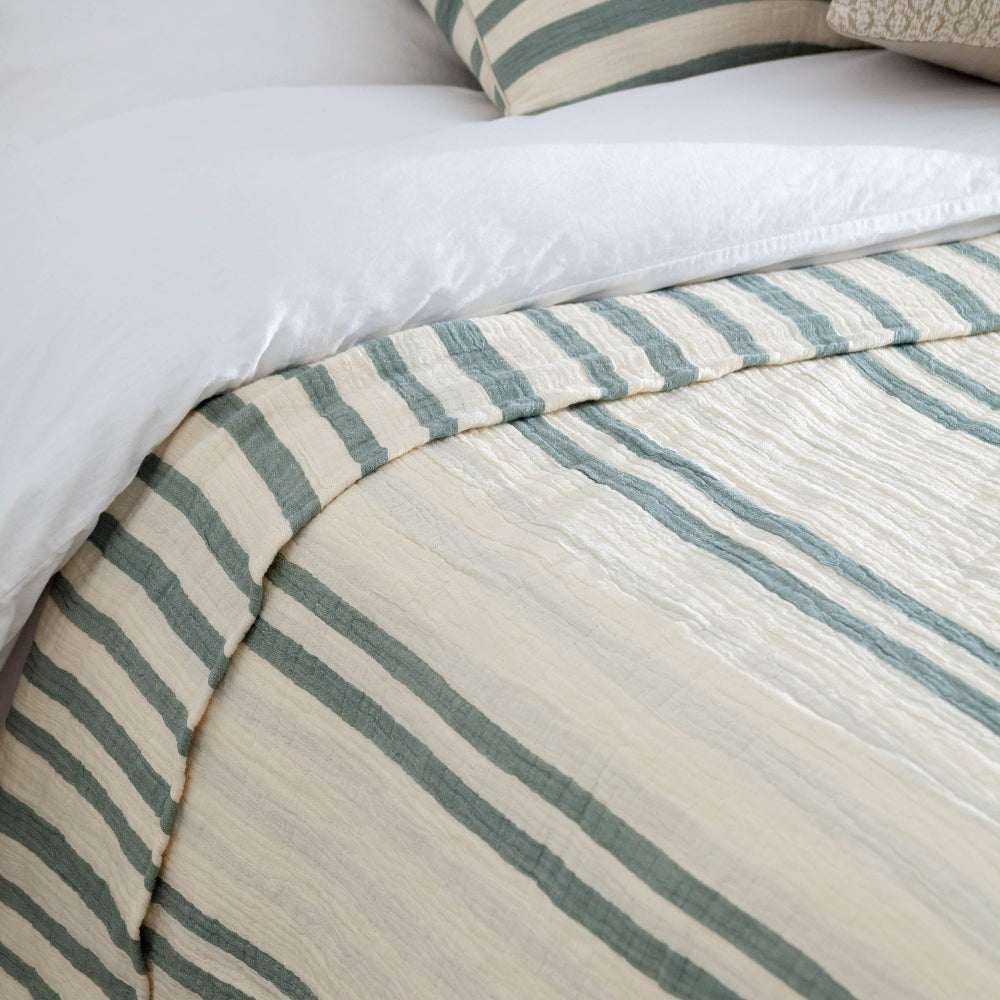 Woven Stripe 100% Cotton Bedspread Eucalyptus
