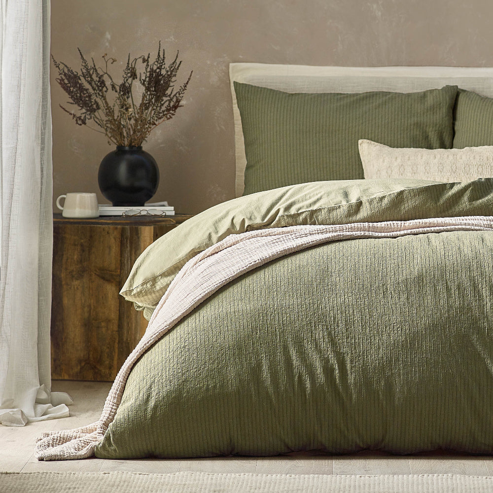 Malton Stripe 100% Cotton Duvet Cover Set Forest Green - Single