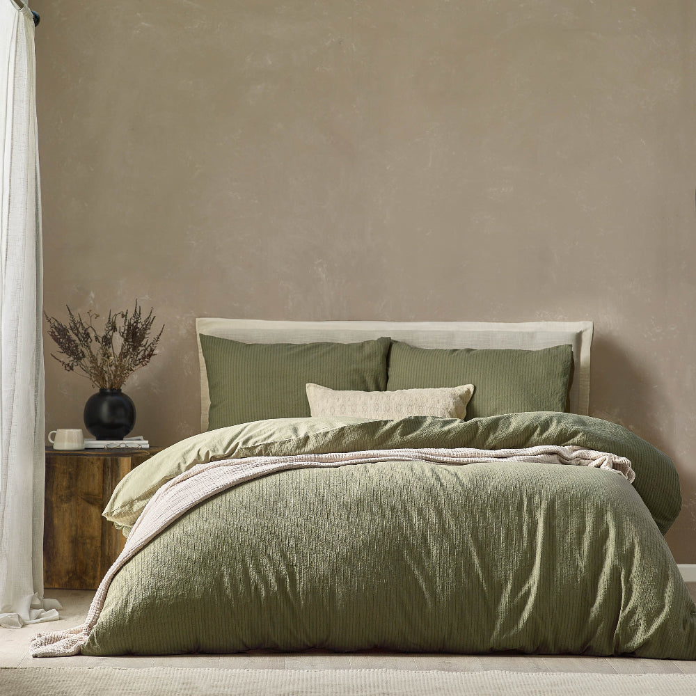 Malton Stripe 100% Cotton Duvet Cover Set Forest Green - Double