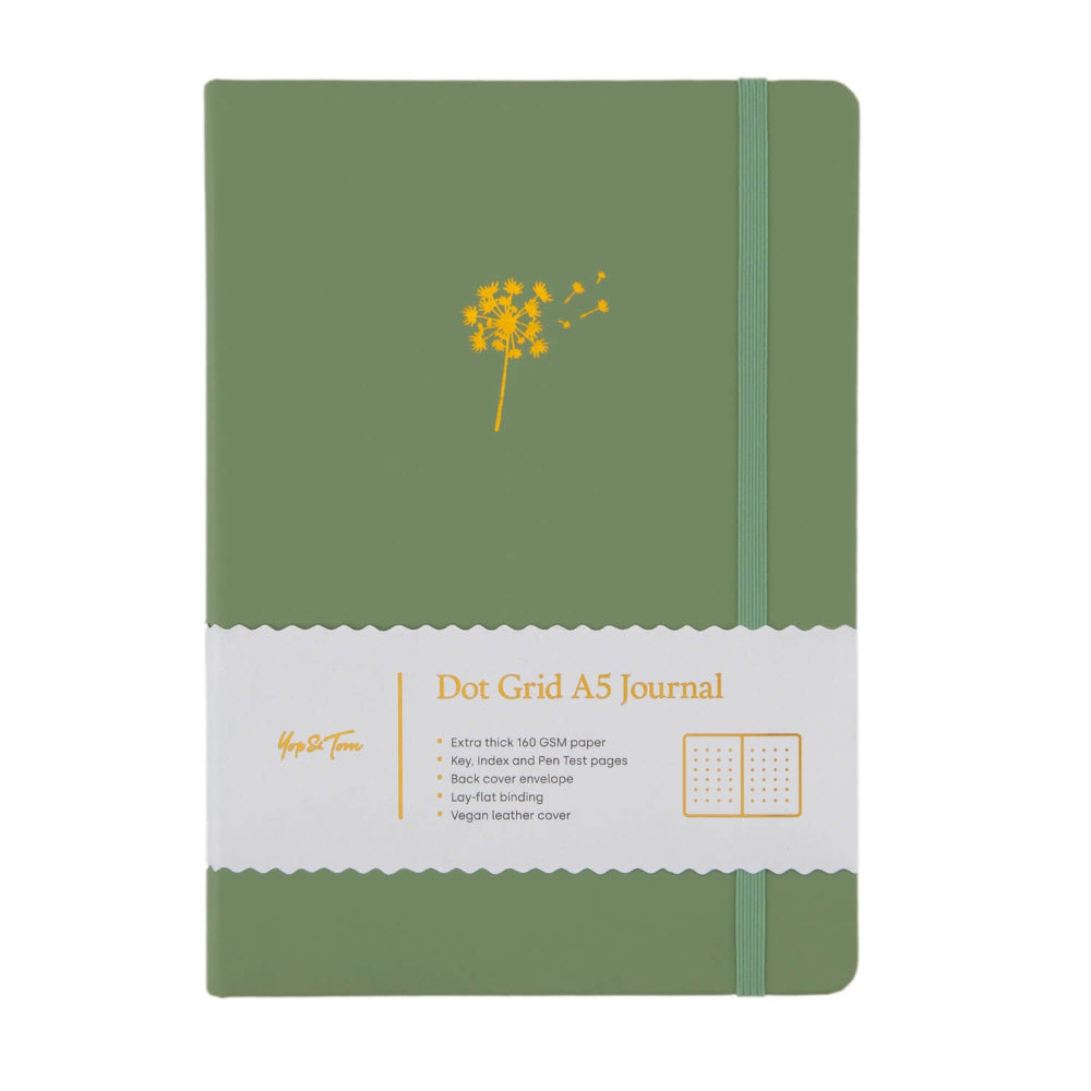 Yop and Tom Green dot grid A5 journal with a dandelion design on a white background