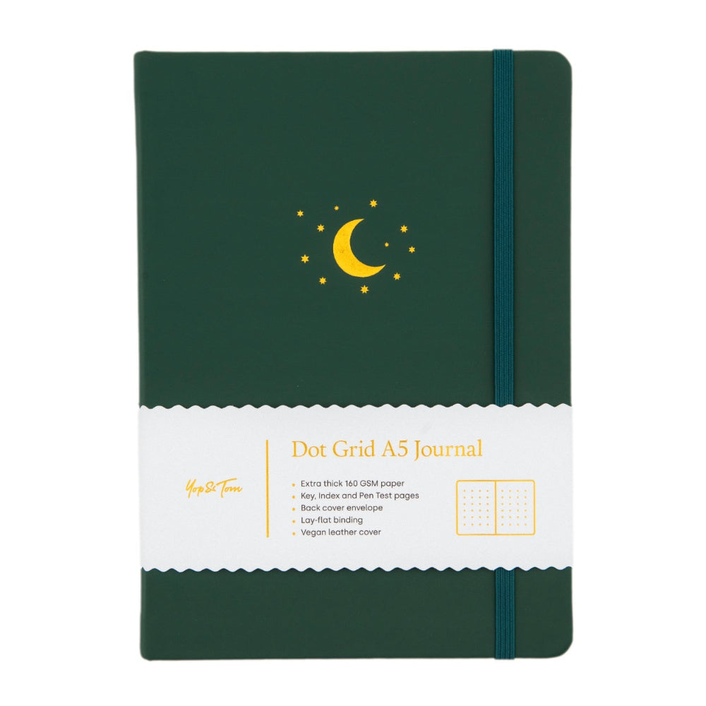 Yop & Tom Green dot grid A5 journal with a moon and star design on the cover