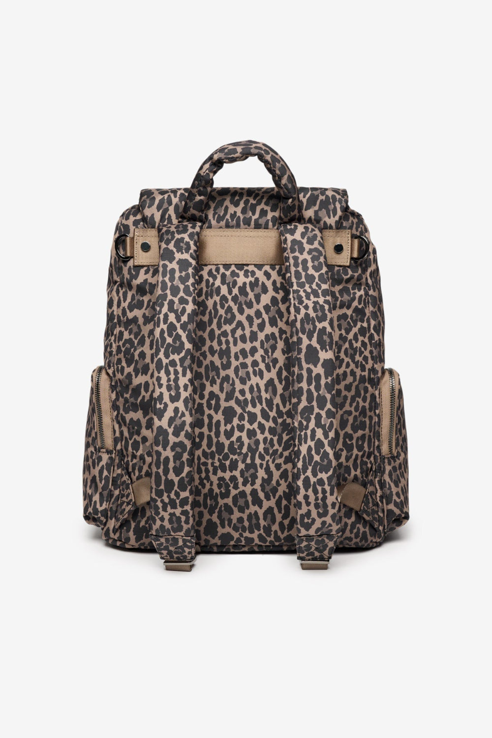 Leopard print backpack back profile with straps and handle on a white background